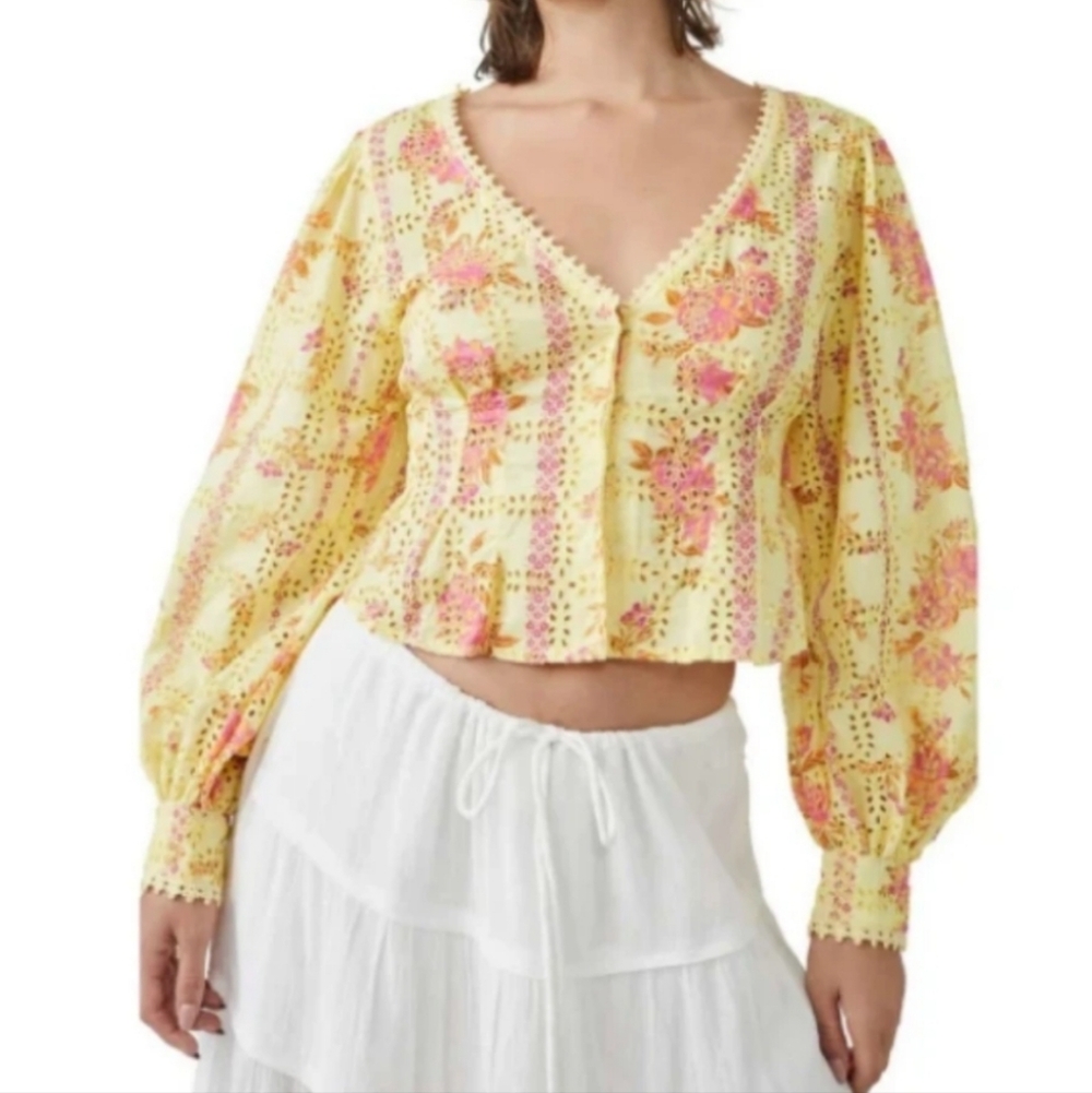 Free People Yellow and Pink Floral Blouse